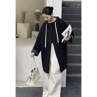 秋冬新款AB面雙面羊毛大衣連帽外套女，輕奢加厚保暖寬鬆中長款外套