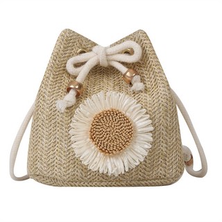 草編花朵小包包女包2023新款 洋氣水桶包 潮簡約百搭斜挎包, 卡其色