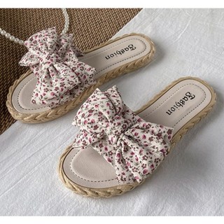 Fashion 氣質碎花蝴蝶結拖鞋 編織鞋底 柔軟舒適 多色選擇