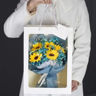 玖月 旂艦店 畢業花束 碎冰藍玫瑰永生花乾燥花束 畢業禮物/生日禮物/聖誕節禮物, 藍星向日葵玫瑰花束+禮袋燈