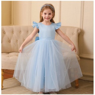 女童小飛袖大蝴蝶結禮服 珍珠裙襬長短款 花童生日派對公主裙 鋼琴表演小洋裝