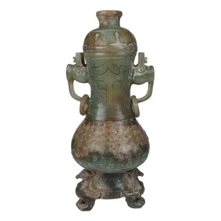 博古珍藏 漢．和闐玉雕勾雲紋雙獸耳帶蓋玉瓶 1.09公斤 老件文物 早期收藏