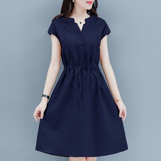 삼제태전 여름 여성 면린넨 원피스 빅사이즈 허리 조임 V넥 A라인 치마