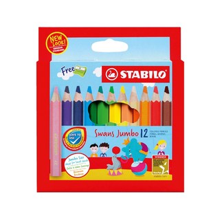 德國天鵝STABILO Swans Jumbo 特大油性色鉛筆 兒童適用 筆芯不易斷 好握好畫, 1個, 短版(1/2長)12色(ST1873J)