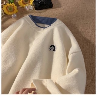 秋冬季學生圓領套頭寬鬆毛衣，韓版百搭撞色INS風針織衫