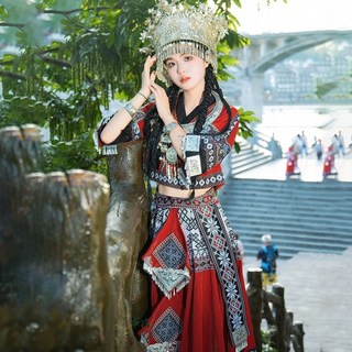 苗族服裝 貴州苗寨民族服裝 雲南侗族少數民族服飾 瑤族土傢族舞蹈服演出服, 上衣+裙子+腰牌,XL