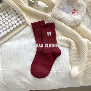 R&A CLOTHES 蝴蝶結條紋中筒襪 安哥拉紅學院風女生襪子