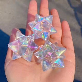 梅爾卡巴水晶原石六芒星擺件：歐美靈氣療癒桌面裝飾，提升空間能量, 新ab彩梅爾卡巴,4cm