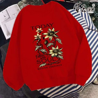 狂GO 花卉圓領長袖大學T 韓國OOTD休閒保暖上衣