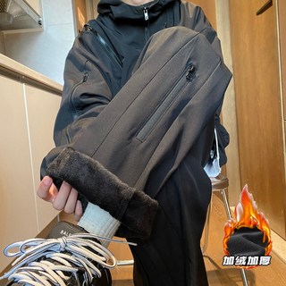 加絨加厚保暖拉鍊防水登山褲 寬鬆直筒休閒長褲