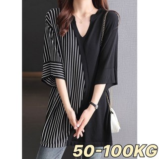 UNIQUEZON 중년여성 오버핏 브이넥 반팔 티셔츠 여름 스트라이프 배색 롱티 엄마옷 빅사이즈 40대50대60대