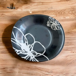 日本製 Refine 9長淺井 黑白花卉 餐盤 - 陶瓷菜盤, 1個