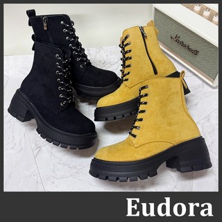 Eudora MIT台灣製 粗跟軍靴 仿麂皮綁帶側拉鍊短靴 厚底絨布中筒馬靴