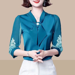 ROYALBELLE 여성 중년여성 엄마옷 트렌디 빅사이즈 뱃살가림 심플 7부소매 리본타이 새틴 블라우스 K070809