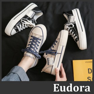 【Eudora】帆布鞋 休閒鞋 厚底布鞋 增高布鞋 素面撞色綁帶 低筒短筒 平底厚底 鬆糕鞋 增高鞋 布鞋