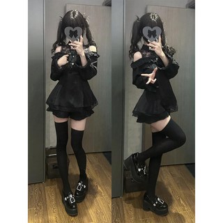 日系暗黑學院風JK制服蕾絲套裝 顯瘦連衣裙高腰短裙兩件套