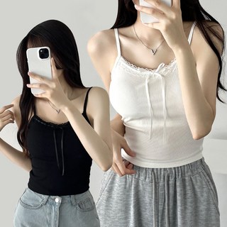 어나더뷰 [1+1/캡내장] 뮤뮤 레이스 캡나시 민소매 리본 발레코어 크롭 나시 레이어드 no.1990