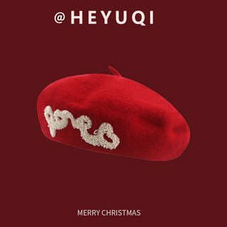 聖誕紅帽子 紅色毛呢貝雷帽 女秋冬復古大頭圍顯臉小蓓蕾帽 聖誕帽子