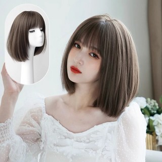 상덕 단발머리 패션 통가발 내추럴 숏컷 쇄골발, 쿨 브라운, 1개