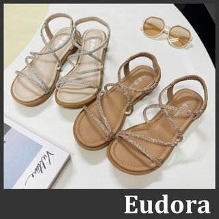 【Eudora】MIT台灣製 羅馬涼鞋 氣墊涼鞋 水鑽涼鞋 平底 交叉細帶 軟底, 奶茶,36