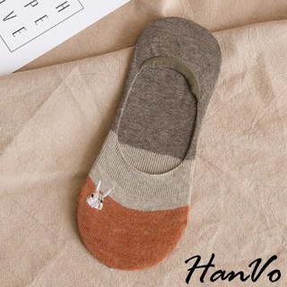 HanVo 兔子刺繡止滑矽膠撞色隱形襪 韓系少女船型襪 天天出貨