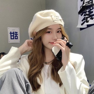 小香風白色針織毛線貝雷帽 秋冬日系畫家帽
