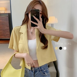 《杜達女孩》俐落短版單扣翻領西裝外套 短版西裝外套 翻領 短袖西裝外套 女 OL 薄外套