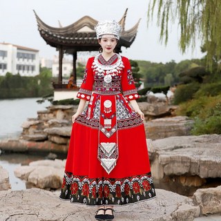 苗族服裝 大尺碼 貴州苗寨女裝 雲南侗族瑤族土家族舞蹈服演出服, 女神套裝+模特頭飾和項圈,S