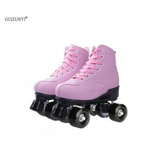 성인용 더블로우 롤러스케이트 4륜 플래시 휠 운동화형 여성용 운동화, 1개, 핑크 가죽 블랙 휠