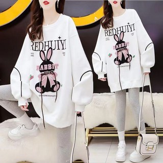 大呎碼女裝 長袖上衣 衛衣女 百搭上衣 韓版上衣 圓領加絨衛衣女裝假兩件2024秋冬新款字母寬鬆韓版減齡中長款上衣