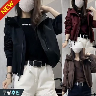 (세일 추천) 80kg까지 빅사이즈 여성 후드 쇼트 블루종 바람막이 자켓 봄 가을 편한 유니크 패션 날씬해보이는 디자인 루즈핏 캐주얼 집업 스트링 우아한 외출용 코디 아우터 잠바