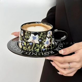 빈티지 유화 같은 종 난초 꽃 커피 컵과 접시 손으로 그린 ​​라떼 세트 원래 선물 세라믹, 02 Style B