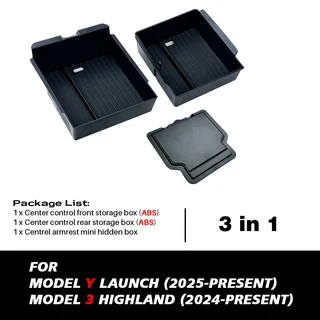 tesla 호환 New Model Y 2025 출시 Juniper ABS 실리콘 미끄럼 방지 매트 콘솔 및 팔걸이 보관함 상부 하부 워터컵 포함, 3in1