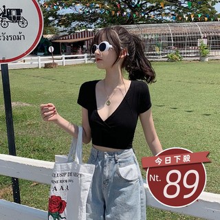 韓版修身深V領短版上衣 T406 短袖V領露臍上衣 黑白兩色可選