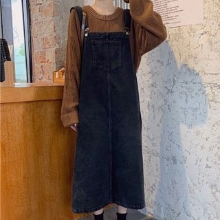S-5XL 大尺碼吊帶裙 牛仔連身裙 大碼女裝吊帶褲 寬鬆顯瘦百搭中長款牛仔裙, 黑色,S 40-50公斤
