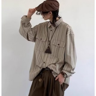 灯芯绒條紋襯衫 多口袋 小眾寬松沙灘襯衣 男女 大口袋 寬松休閑 鹽系襯衣 VIBE穿搭基本款上衣 長袖襯衫