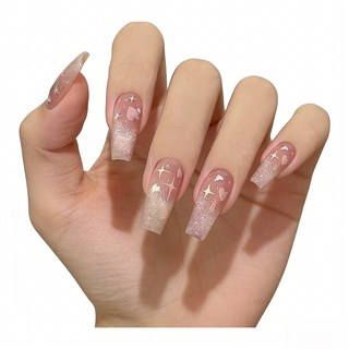 手繪暈染指甲貼片 氣質仙女風長款穿戴甲 假指甲 中長款美甲 裸色漸變穿帶甲片 光療甲片 可拆卸 24片裝, 1個, R737甜美情人（長款）