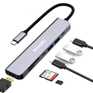 WangKe Type-C集線器 USB Hub HDMI轉接器 讀卡機 多功能擴展塢, 黑灰色, 1個