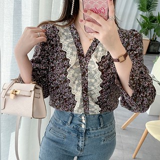 雪莉小姐 復古V領蕾絲雪紡碎花長袖襯衫