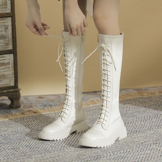 【潮胖穿搭】大碼靴子女 厚底馬丁騎士靴女高筒靴2023新綁帶側拉鍊軍靴機車靴 鋸齒厚底中筒靴 馬丁靴 大筒圍長筒靴