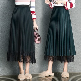 雙面穿網紗蕾絲百褶中長裙