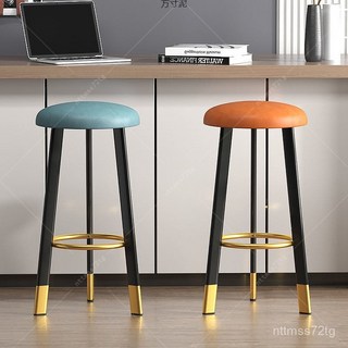 吧臺椅現代簡約高腳凳，輕奢高椅子家用吧椅圓凳子，收銀櫃臺前臺高腳椅, 棕油蠟皮--原色木紋,79高圓面, 1個