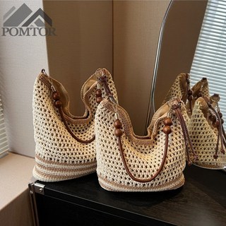 POMTOR 여성 구슬 라탄 비치 빈티지 숄더백