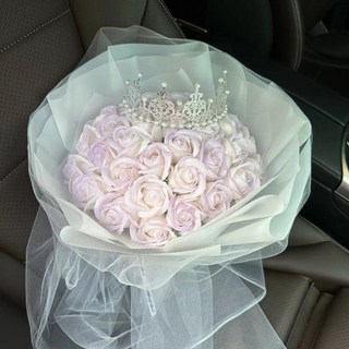 永生玫瑰香皂花束 附皇冠 適合畢業季、生日禮物、教師禮物, 【成品發貨】丁香紫21朵送皇冠賀卡
