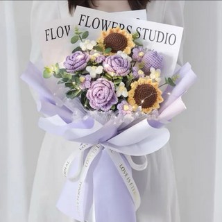 全店低價 編織花束 針織花 毛線花束 向日葵花束 鬱金香編織毛綫花 成品 情人節生日禮物, 紫色, 1個