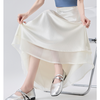 체인지쉬(change she) 여성 고급 새틴 밑단 시스루 레이어드 우아한 광택 롱 밴딩 스커트