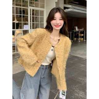 黃色千金風短款外套 法式名媛小香風上衣 臺灣出貨 2024秋季新款, 黃色 高品質,L, 黃色