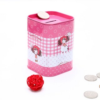 二店嗨購 創意馬口鐵存錢罐 時尚卡通女孩方形儲蓄罐 方形金屬鐵罐, 1個, 粉紅色女孩