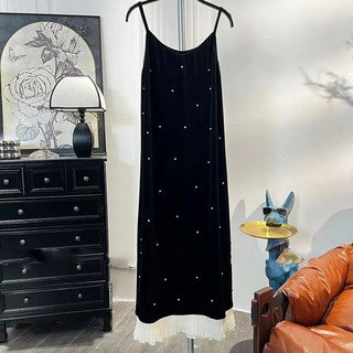 QEWBG 블랙 벨벳 나시 원피스 여성 봄 슬림핏 끈원피스 롱드레스