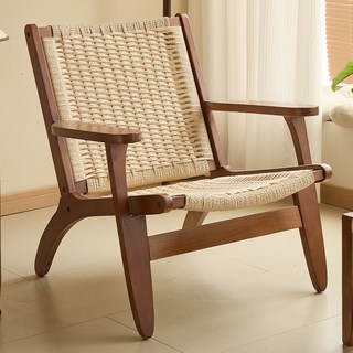 【椿嶼】馬鞍椅中古實木複古人沙髮民宿酒店北歐靠背椅藤椅繩編懶人椅子, 胡桃色單椅【純手工編織】, 1個